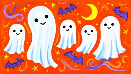 Cute cartoon halloween ghosts flying through an orange night sky with purple bats, yellow crescent moon, and sparkling stars, celebrating a spooky season event