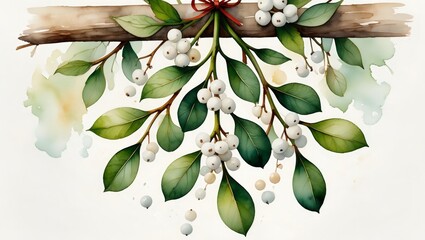 Mistletoe sprigs with green leaves and white berries hanging from a rustic wooden beam, creating a festive winter holiday or christmas watercolor illustration with copy space