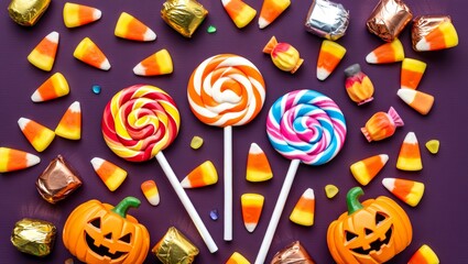 Halloween candy flat lay with vibrant lollipops. Classic corn treats. Foil wrapped chocolate. And festive jack o' lantern pumpkins on a purple background. Creating a cheerful