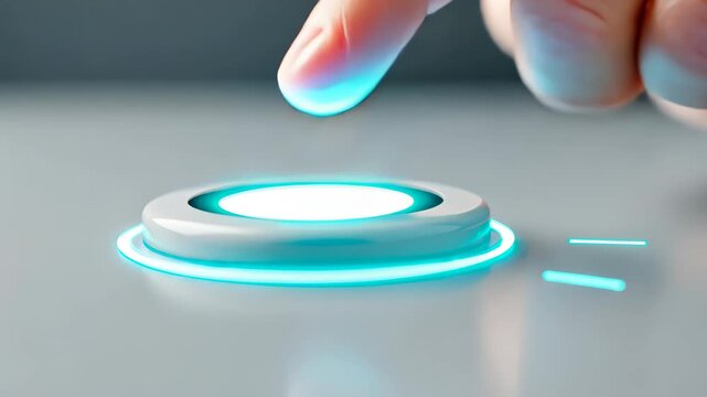 Digital Touch Interface: A finger hovers over an illuminated button, a striking display of digital interaction, inviting viewers to contemplate themes of innovation and connectivity.