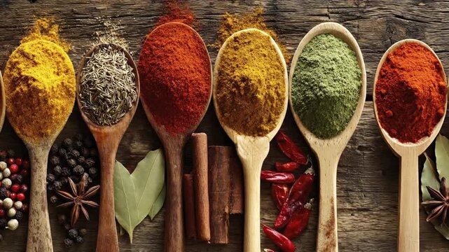 An exquisite overhead flat lay composition showcases a vibrant array of whole and ground spices arranged artfully in rustic wooden spoons. Against a beautifully textured dark wooden background, the sc