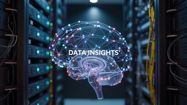 An intricate digital rendering of a brain interwoven with data nodes floats within a server room, visualizing the power of data insights and the technology revolution.