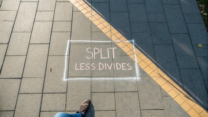 Chalk message on sidewalk depicting a split and less divides theme