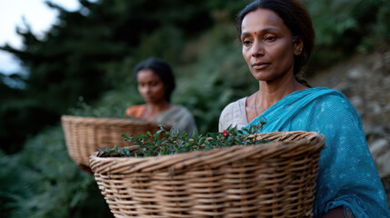 Two women walk along a hillside carrying woven baskets filled with vibrant flowers and plants, embodying the beauty and joy of nature and communal activities.