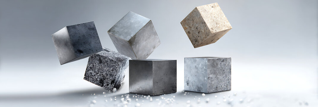 Dynamic abstract composition of five floating geometric cubes showcasing diverse textures including polished metal, rough stone, and concrete, against a pale background.