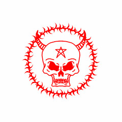 Horned skull with pentagram inside barbed wire circle, occult gothic vector for tattoo and dark art design