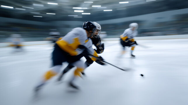 Team hockey players fighting for puck in center ice, motion blur, cold arena atmosphere hockey players, team fight, puck competition, winter sports, ice arena, sports match, dynami