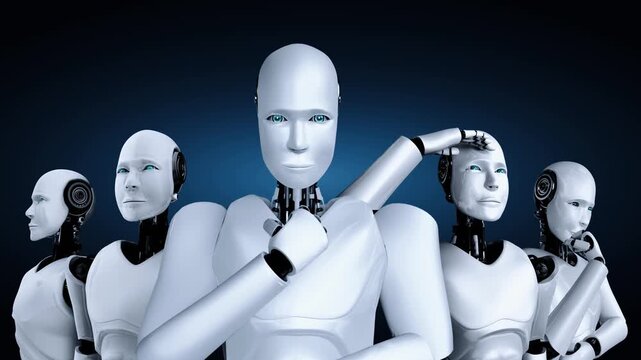 3D rendering of robot hominoid group in concept of future artificial intelligence and 4th fourth industrial revolution .
