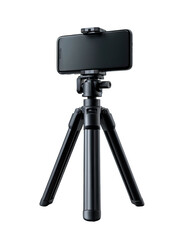 Compact black tripod securely holding a smartphone, ideal for mobile photography or videography