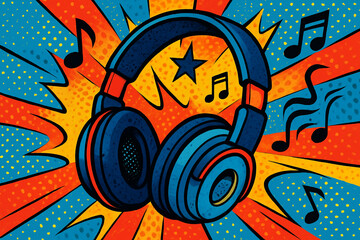 Pop Art Style Headphones Illustration with Comic Explosion and Music Notes