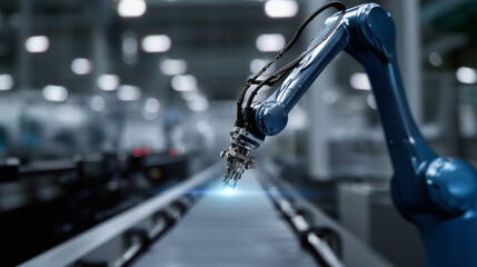 Fototapeta premium Robotic assembly line controlled by augmented reality system, futuristic visualization of production efficiency robotic assembly, AR control, smart manufacturing, automation system