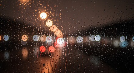 City lights seen through a rain-streaked window at night. Abstract bokeh background creates a moody, melancholic, and romantic atmosphere