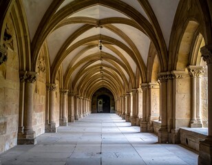 Interior view of an arched corridor with pillars and stone construction