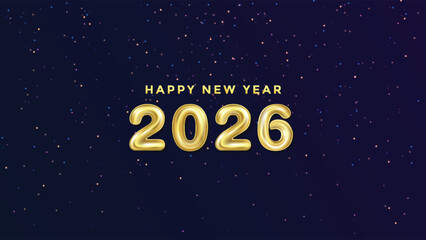 Realistic Gold 2026 Number Balloon on Dark Blue Background with Sparkling Light. Happy New Year Festival Fireworks Banner