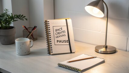 Closed notebook on a clean desk with a motivational quote