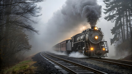 A powerful vintage steam locomotive surges forward along a secluded railway track, cutting through a thick blanket of dense morning fog