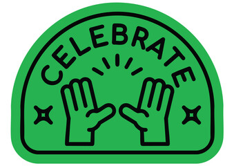 Graphic illustration of hands raised in celebration with radiating lines and the word 