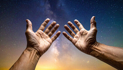 Open hands reaching toward starry sky with milky way and sunset horizon, symbolizing hope and connection with universe in peaceful night