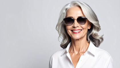 Smiling mature woman with gray hair wearing sunglasses and white shirt, expressing confidence and happiness in studio setting with light gray background