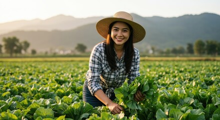 Smiling woman wearing a straw hat harvesting vegetables in a field