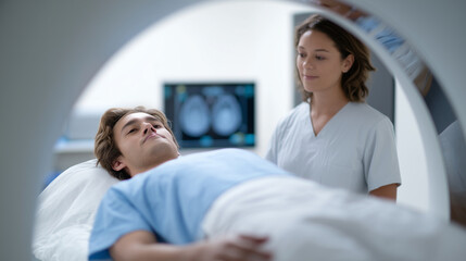 Fototapeta premium Male patient entering CT scanner, medical staff monitoring diagnostic process, modern healthcare technology CT scanner, patient exam, diagnostic monitoring, medical staff, healthca