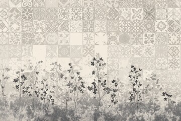 Obraz premium A monochrome design featuring floral silhouettes against a patterned wall, combining nature and art in a harmonious blend.