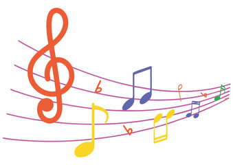 Colorful musical notes on staves against a white background.