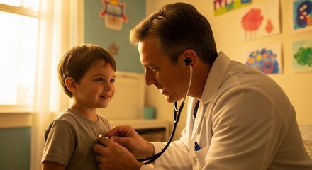 Obraz premium Doctor examining a young boy's chest with a stethoscope in a child-friendly clinic