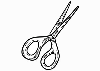 Black and white illustration of open scissors with detailed shading, isolated on a white background.
