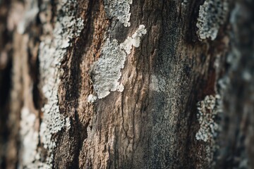 Fototapeta premium Close-up of a tree bark texture, showcasing intricate patterns and lichen growth, highlighting the natural beauty and complexity of wood.