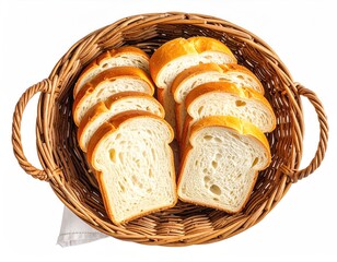 Sliced bread in wicker basket, on cloth. Overhead view