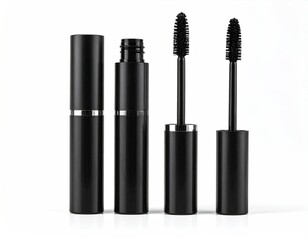 Black mascara tubes and wands isolated on a white surface