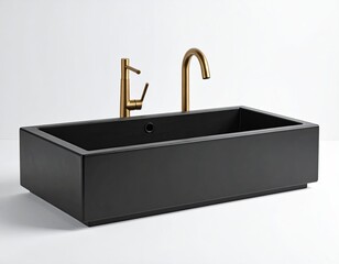 Matte black basin sink, gold fixtures on a white backdrop
