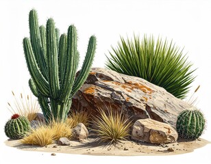 Desert scene cacti, rock, arid plants on sand