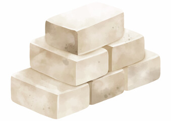 Stack of six rectangular tofu blocks, arranged in a pyramid shape, against a white background.