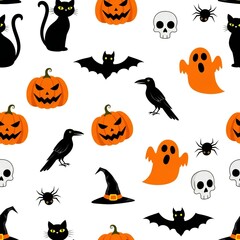 Halloween pattern with black cats pumpkins ghosts bats crows spiders skulls and witch hats