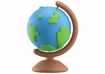 Cartoon globe with blue oceans and green continents, resting on a brown stand.