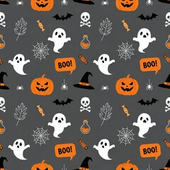Seamless Halloween pattern with pumpkins ghosts bats skulls and candy on a dark background