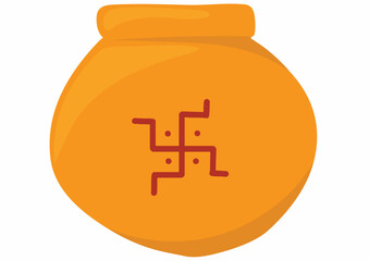 A simple illustration of a golden pot with a red swastika symbol, representing auspiciousness.