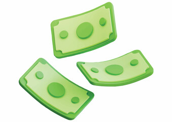Three cartoon green banknotes, each with a central circle and two smaller circles, floating against a white background.