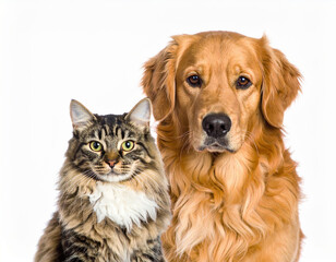 Fluffy tabby cat and golden retriever dog sitting side by side looking forward with calm and attentive expression on white background