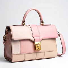 Pink & beige structured handbag with top handle, gold hardware