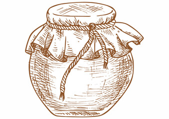 A detailed sketch of a glass jar filled with a sweet liquid, tied with a cloth and string.