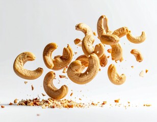 Cashews suspended mid-air against a white backdrop