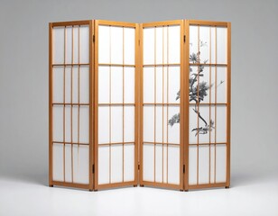 Wood-framed shoji screen with artwork against plain background