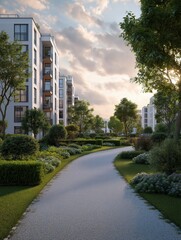 Obraz premium A serene residential pathway lined with lush greenery and modern buildings, illuminated by soft sunlight under a partly cloudy sky.