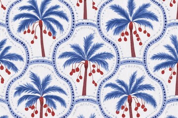 A vibrant fabric pattern featuring blue palm trees with red dates on a white background, creating a tropical and lively aesthetic.