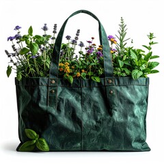 Green bag overflowing with herbs and colorful flowers