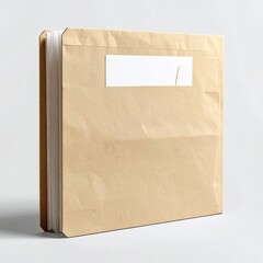 Tan document binder with white label, standing upright