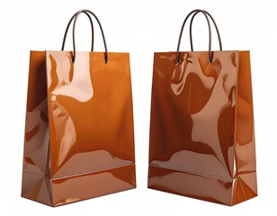 Two glossy orange gift bags with brown handles, isolated
